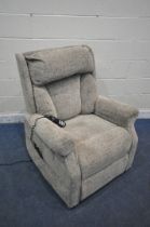A BEIGE UPHOLSTERED RISE AND RECLINE ARMCHAIR (condition report: loose fabric to seam on the back,