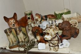 A COLLECTION OF DOG THEMED LAMPS, BOOKENDS AND ORNMENTS, ETC, including two pottery dog shaped