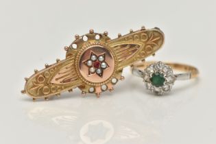A 9CT GOLD CLUSTER RING AND A SWEETHEART BROOCH, the circular cluster set with a central circular