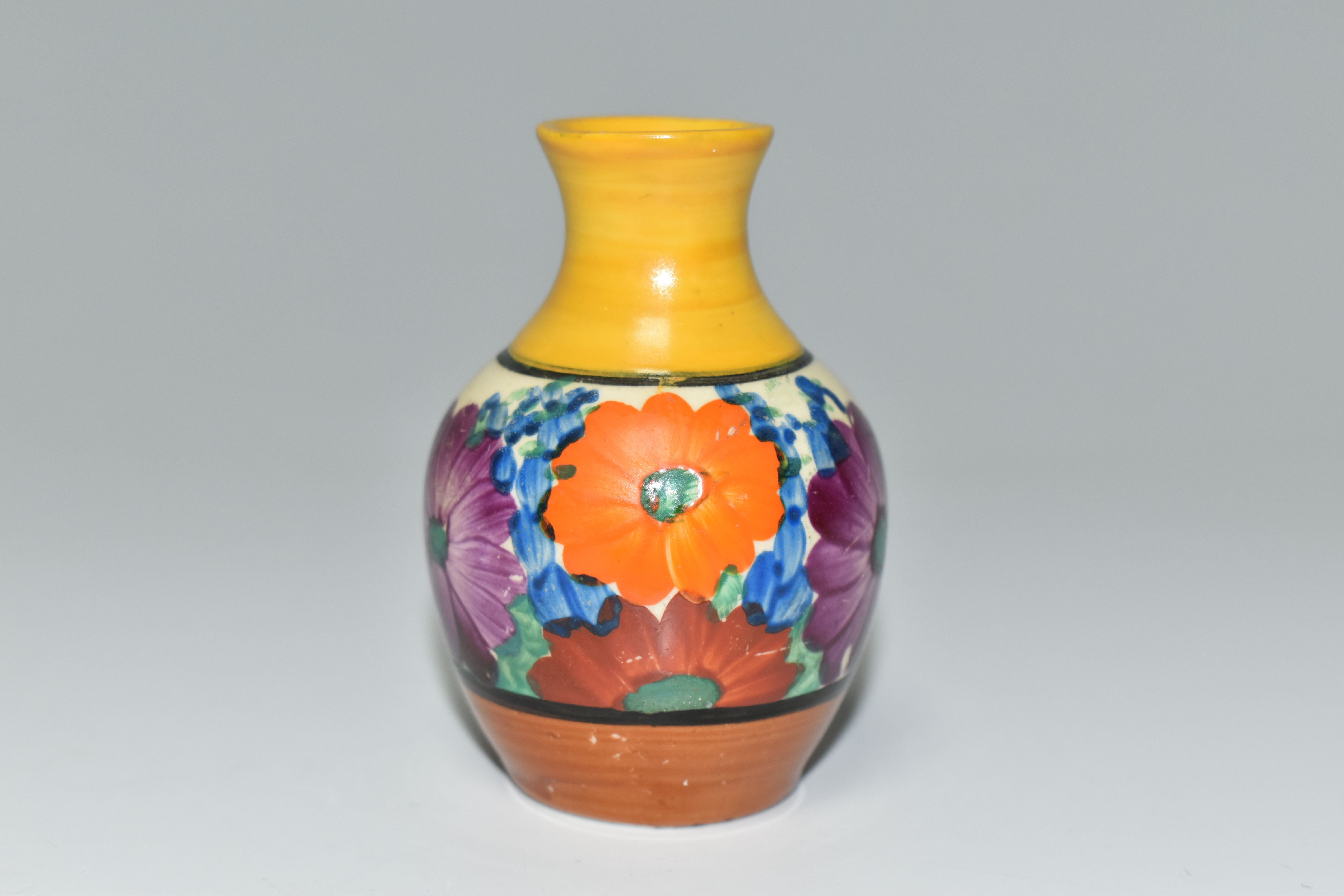 A CLARICE CLIFF MINIATURE VASE, in Gayday pattern, painted with orange, red, blue and purple - Image 2 of 5