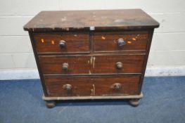 A 19TH CENTURY MAHOGANY CHEST OF TWO SHORT OVER TWO LONG DRAWERS, width 104cm x depth 58cm x