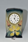A MOORCROFT POTTERY 'HYPERICUM' PATTERN MANTEL CLOCK, tube lined with yellow and coral pink
