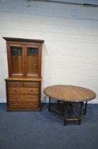 A 20TH CENTURY OAK OVAL BARLEY TWIST GATE LEG TABLE, open width 150cm x closed width 54cm x depth