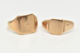 TWO 9CT GOLD SIGNET RINGS, the first a square signet ring with rubbed engraved detail, hallmarked