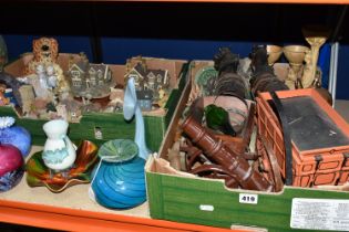 TWO BOXES OF ORNAMENTS AND VASES, to include a collection of Wade Porcelain trinket dishes and