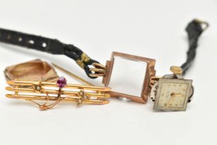 A LADIES 9CT GOLD WRISTWATCH AND A BROOCH, manual wind watch, square white dial signed 'J.W.Benson',