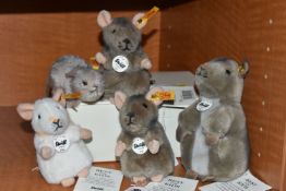 FIVE STEIFF MICE, comprising two 'Piff', no.056222, grey acrylic, height 10cm, white 'Pilla', no.