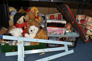 FOUR BOXES AND LOOSE SOFT TOYS AND GAMES ETC, to include a battery operated Fur Real puppy dog, a