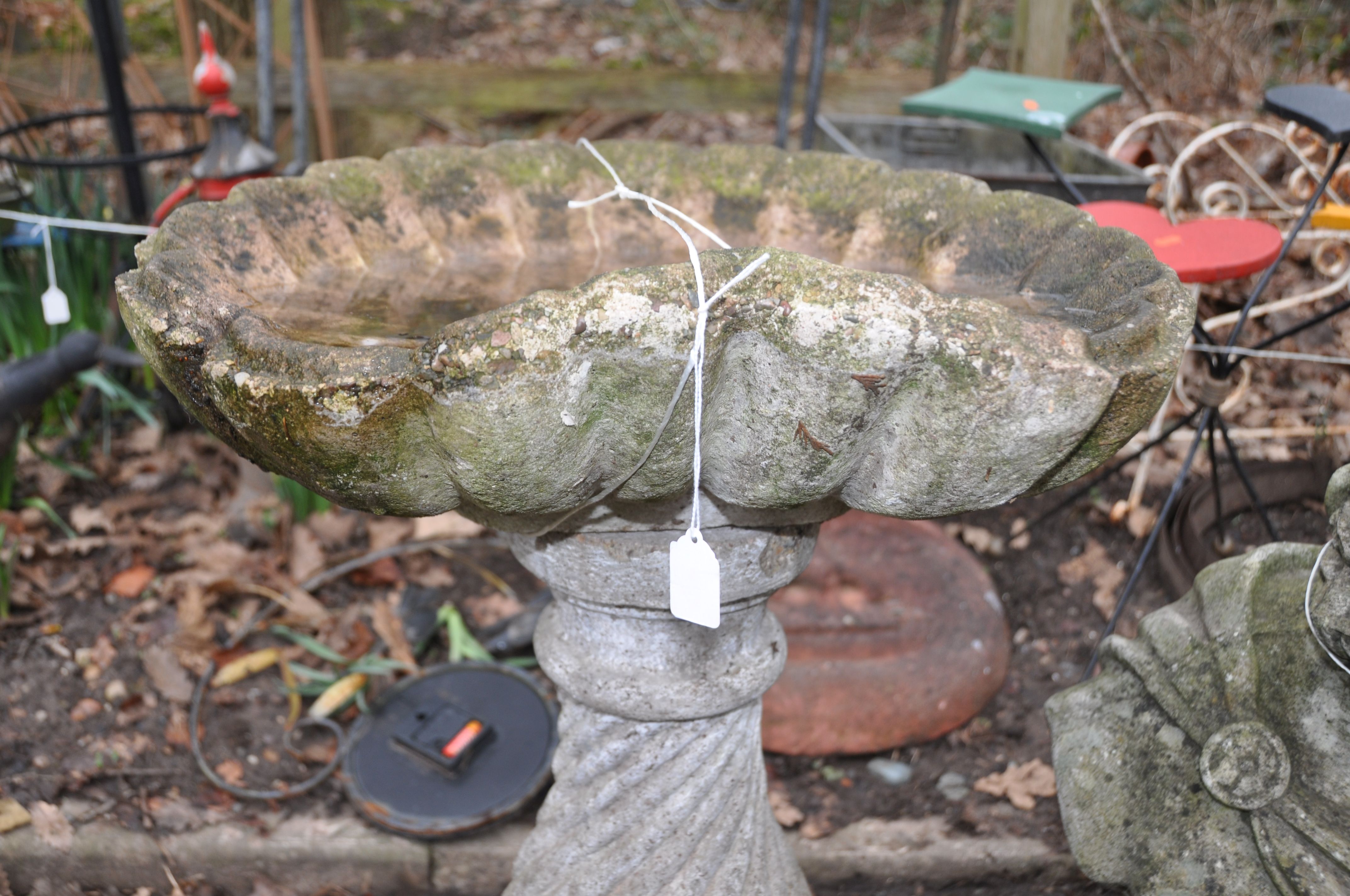 A MID 20th CENTURY BIRD BATH with an oyster shell bowl on a twisted fluted balusters column height - Image 3 of 3