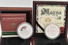TWO BOXED SILVER COINS, to Include The 1914 Christmas Truce One Crown commemorative coin Sterling