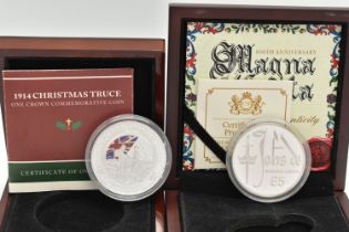 TWO BOXED SILVER COINS, to Include The 1914 Christmas Truce One Crown commemorative coin Sterling