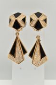 A PAIR OF 'CHRISTIAN DIOR' CLIP ON COSTUME EARRINGS, gold tone with colourless paste and black