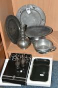 A GROUP OF PEWTER AND PLATE, including an 'English Pewter' planished plate with copper hearts to the