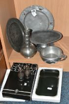 A GROUP OF PEWTER AND PLATE, including an 'English Pewter' planished plate with copper hearts to the