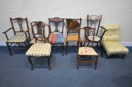 A VARIETY OF PERIOD CHAIRS, to include an Edwardian nursing chair, an ebonised armchair, with floral