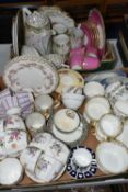 TWO BOXES OF DECORATIVE TEAWARES ETC, to include Royal Crown Derby 'Derby Posies' - nine cups (one