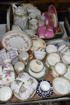 TWO BOXES OF DECORATIVE TEAWARES ETC, to include Royal Crown Derby 'Derby Posies' - nine cups (one