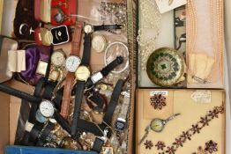 A BOX OF ASSORTED COSTUME JEWELLERY AND WATCHES, to include a boxed suite of 'Roslyn' costume