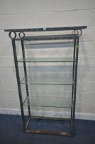 A METAL FRAMED DISPLAY STAND, with three glass shelves, width 104cm x depth 40cm x height 172cm (