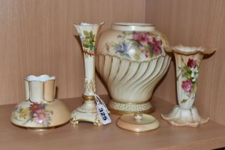 A SMALL GROUP OF ROYAL WORCESTER BLUSH IVORY PORCELAIN, comprising a small posy vase, green