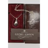 A BOXED 'GEORG JENSEN' PENDANT NECKLACE, floral drop pendant set with two amethyst dome cabochons,