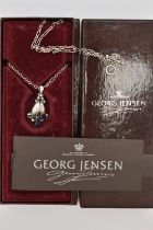 A BOXED 'GEORG JENSEN' PENDANT NECKLACE, floral drop pendant set with two amethyst dome cabochons,