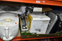 THREE BOXES AND LOOSE HOUSEHOLD SUNDRIES AND KITCHEN APPLIANCES, including a Pentax digital