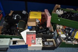 FIVE BOXES OF VINTAGE CAMERA AND CINE EQUIPMENT, to include a complete boxed Weston Euro Master