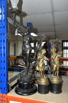 A GROUP OF BRONZED SPELTER FIGURES AND LAMP, comprising a pair of gilt musician figures impressed