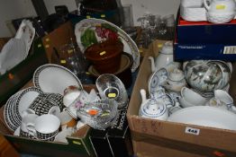 EIGHT BOXES AND LOOSE KITCHEN CROCKERY, GLASSWARE AND METALWARE, including boxed Dartington