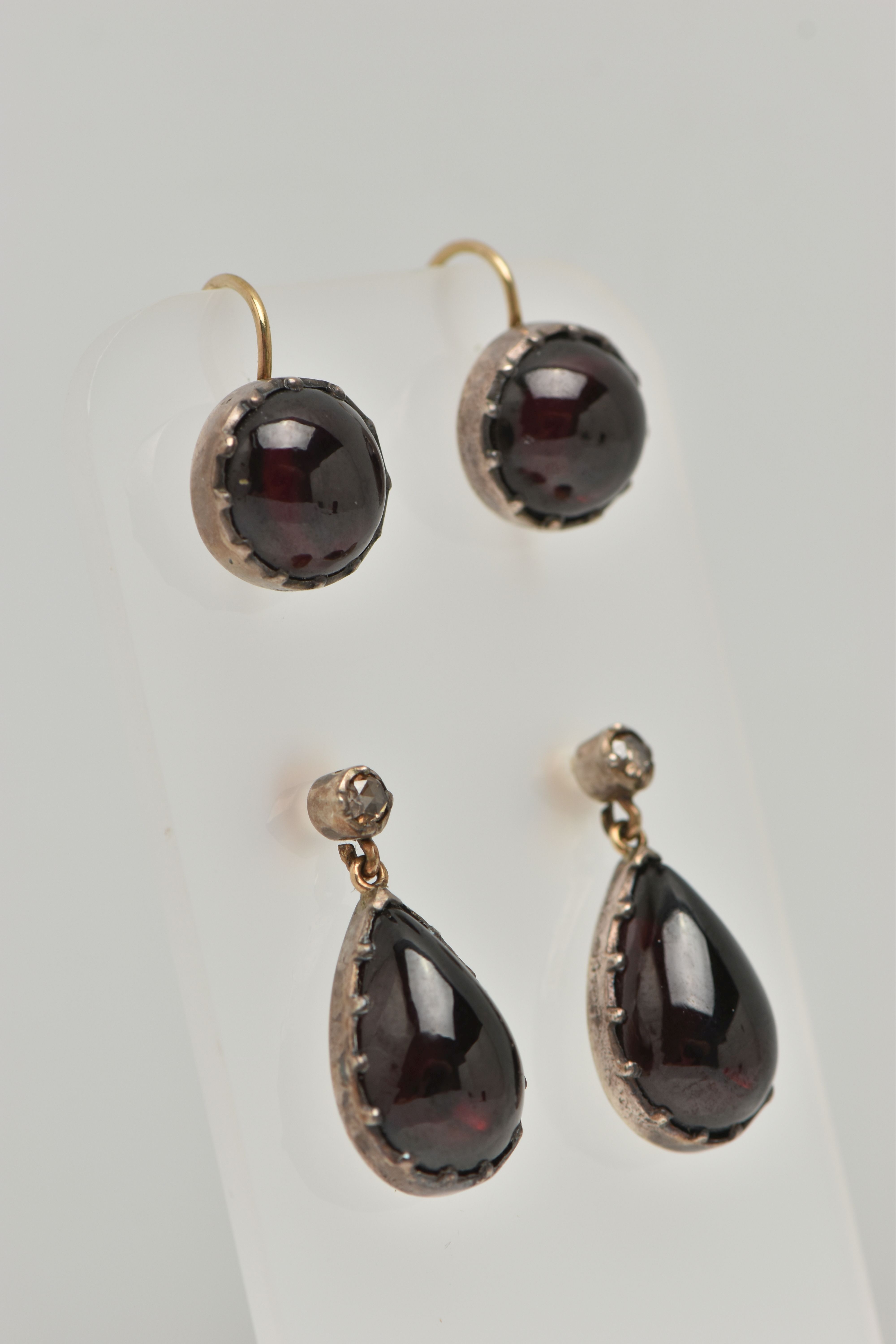 TWO PAIRS OF GARNET CABOCHON SET EARRINGS, conversion piece believed to once be a single pair of - Image 2 of 4