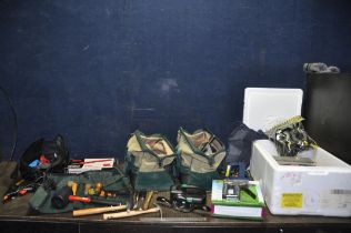 THREE TOOL BAGS AND A BOX CONTAINING TOOLS including two upholstered hammers, various mallets and