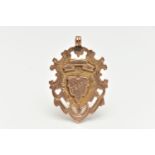 A LATE VICTORIAN 9CT GOLD FOB MEDAL, shield shape with engraved monogram, engraved to the reverse '