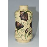 A MOORCROFT POTTERY 'CHOCOLATE COSMOS' PATTERN VASE, of cylindrical waisted form, tube lined with