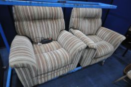 A PAIR OF PARKER KNOLL ELECTRIC STRIPPED UPHOLSTERED RECLINING ARMCHAIRS (both PAT pass and working,