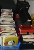 TWO TRAYS AND TWO VINYL CASES OF 7 INCH SINGLES, mostly 1970s and 1980s, genres include disco,