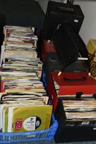 TWO TRAYS AND TWO VINYL CASES OF 7 INCH SINGLES, mostly 1970s and 1980s, genres include disco,