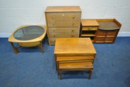 A LEBUS MID CENTURY TEAK CHEST OF FIVE DRAWERS, width 78cm x depth 43cm x height 90cm, a telephone