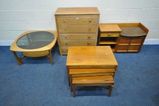 A LEBUS MID CENTURY TEAK CHEST OF FIVE DRAWERS, width 78cm x depth 43cm x height 90cm, a telephone