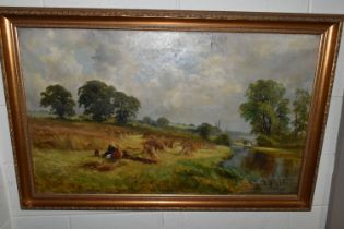 AN EARLY 20TH CENTURY HARVESTING LANDSCAPE, depicting three figures sharing a flagon of ale or cider