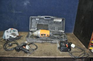 A JCB LTD 2001 9in ANGLE GRINDER IN CASE, Black and Decker KS846N circular saw, a BD538SE jigsaw and