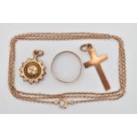 FOUR ITEMS OF JEWELLERY, to include a 9ct gold cross pendant, fitted with a jump ring for