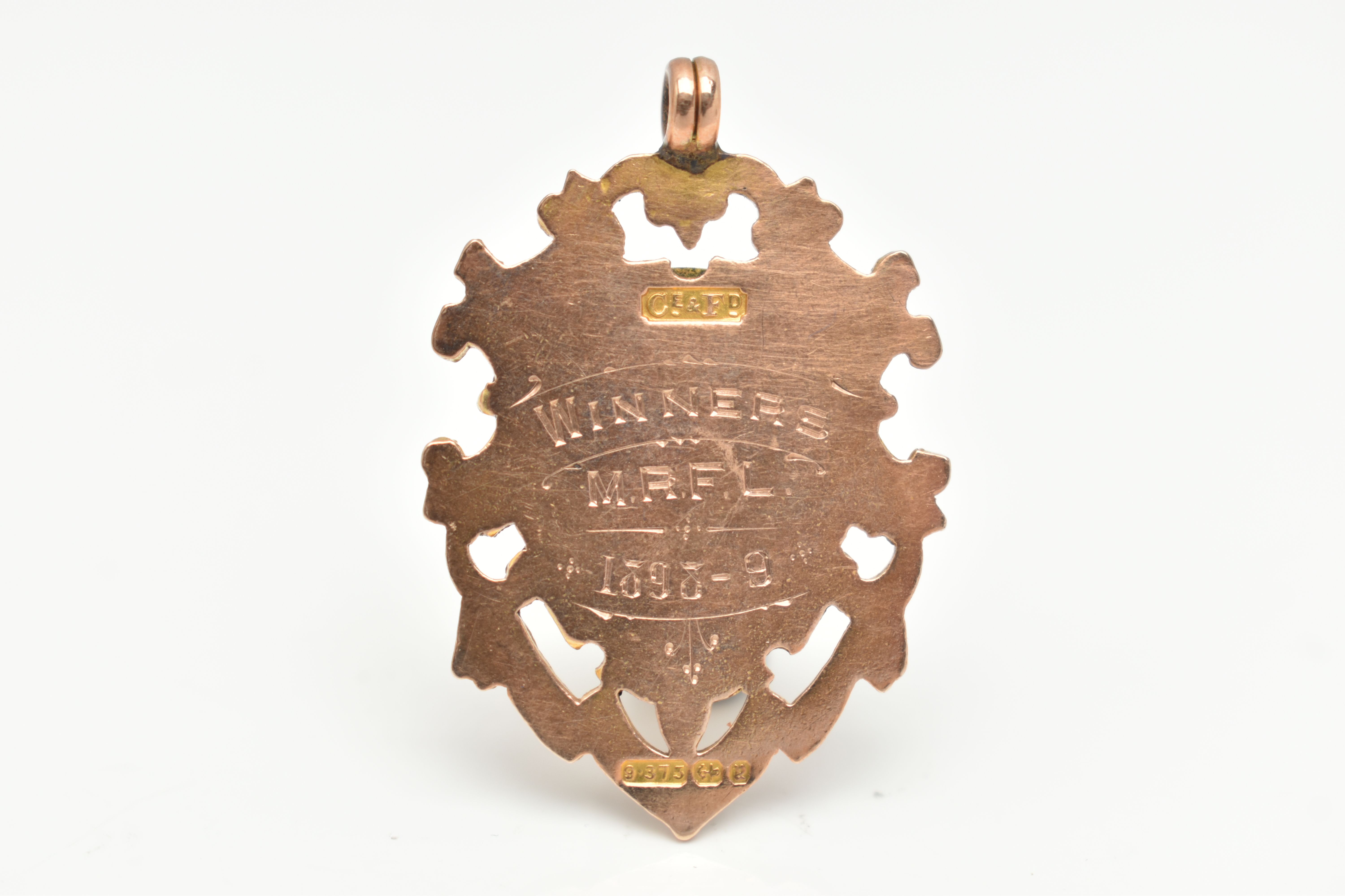 A LATE VICTORIAN 9CT GOLD FOB MEDAL, shield shape with engraved monogram, engraved to the reverse ' - Image 2 of 3