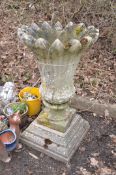 A HADDONSTONE WINSLOW VASE on square base height 107cm (Condition Report: weathered losses to one