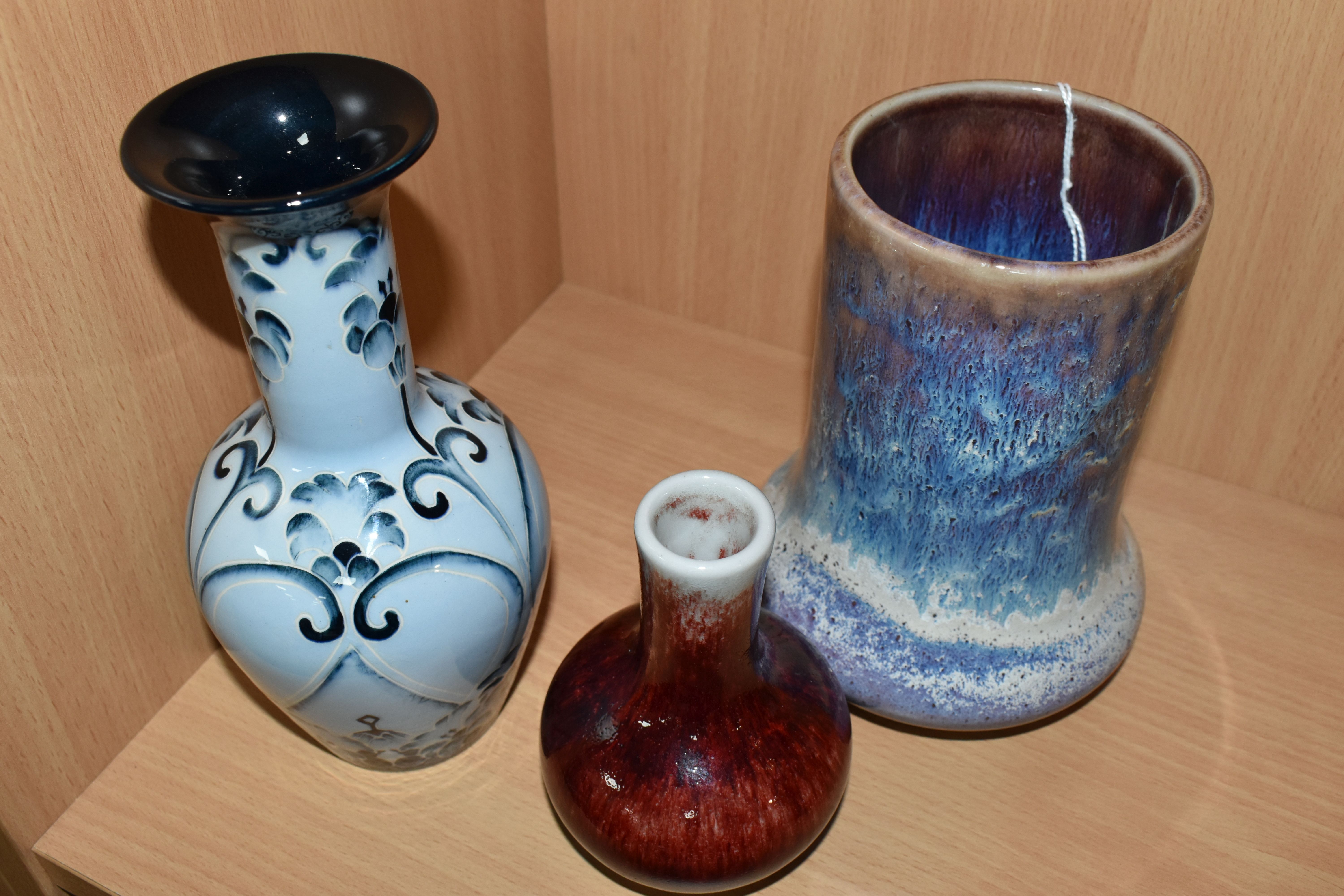 A GROUP OF THREE COBRIDGE STONEWARE VASES, comprising a mottled blue, white and purple vase, - Image 3 of 5