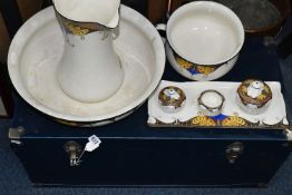 AN ART DECO CROWN DUCAL WARE VANITY SET, comprising pitcher, wash bowl, chamber pot, soap dish,
