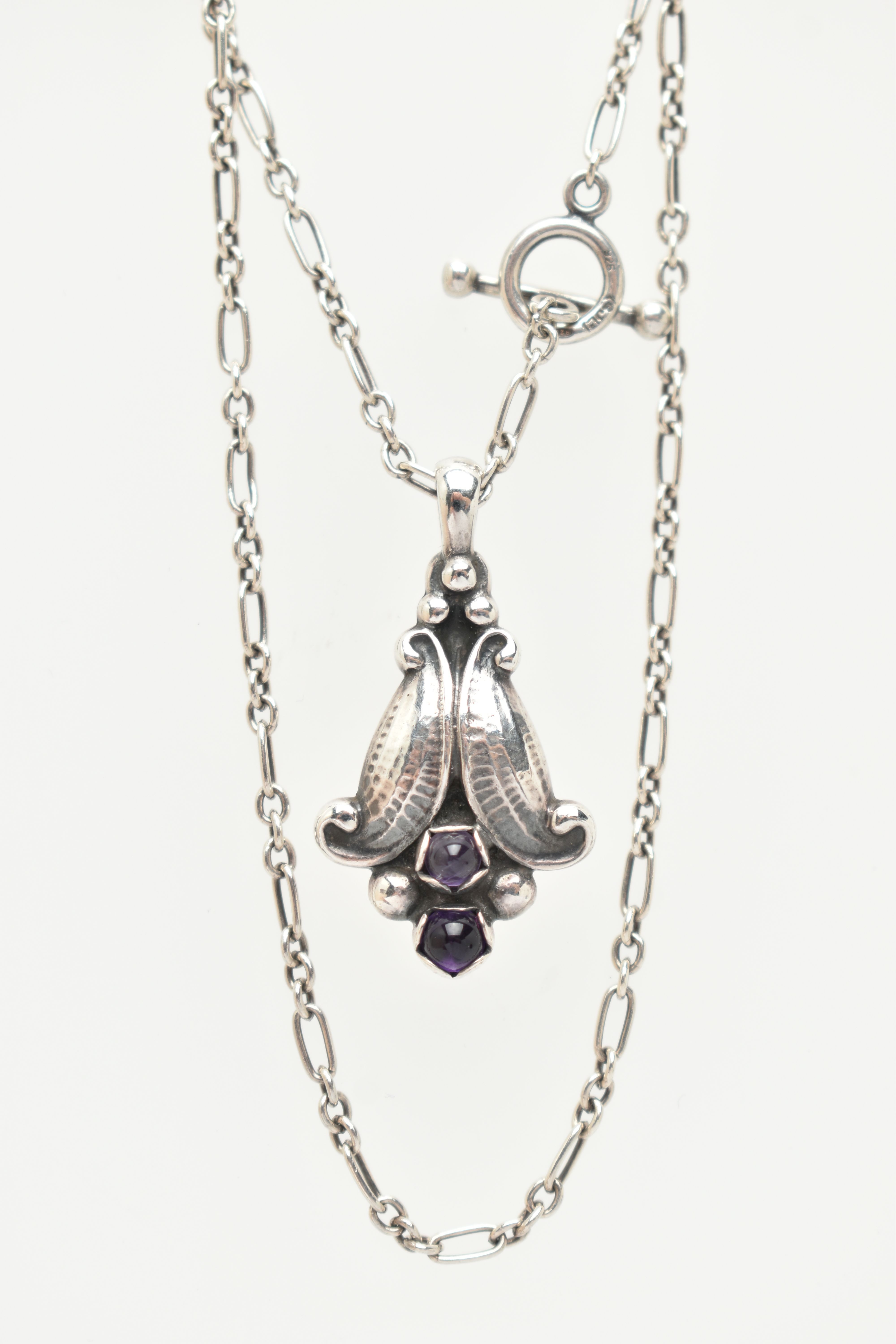 A BOXED 'GEORG JENSEN' PENDANT NECKLACE, floral drop pendant set with two amethyst dome cabochons, - Image 3 of 5