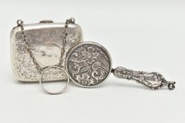 A SILVER PURSE AND SMALL MIRROR, floral and foliate detailed purse with vacant cartouche, fitted