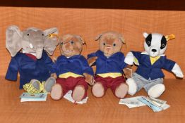 FOUR STEIFF RUPERT BEAR CHARACTERS, comprising 'Edward Trunk', no.017032, 'Bill Badger', no 017049