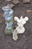 THREE MODERN COMPOSITE GARDEN FIGURES comprising of a small child holding a wicker coned basket